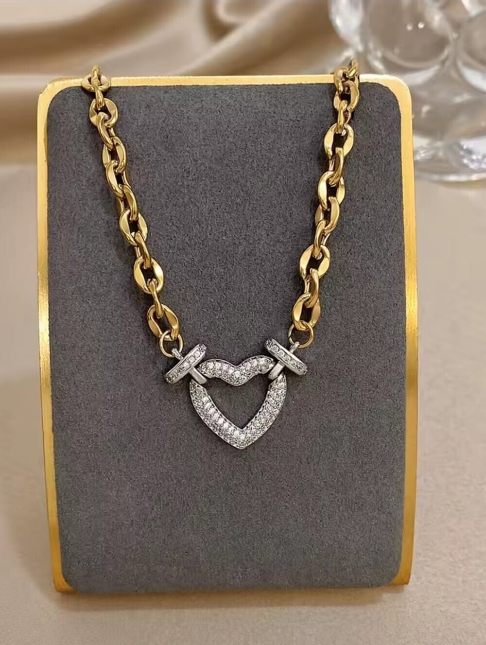 Gold-Tone Chain Necklace with Crystal Heart Pendant - Picture 4 of 6